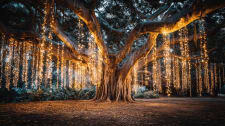 A magnificent tree draped in twinkling lights creates a breathtaking atmosphere in a tranquil forest, perfect for evoking feelings of serenity and enchantment.の素材