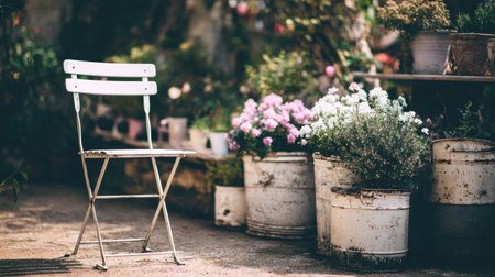 A serene garden setting featuring a white folding chair next to vibrant flower pots. This image captures a tranquil outdoor space perfect for relaxation and inspiration.の素材