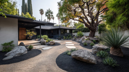 Discover a tranquil modern garden design that harmonizes nature and architecture with rock formations, lush plants, and a peaceful atmosphere in a residential setting.の素材