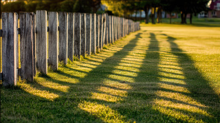 A peaceful scene showcasing a wooden fence casting long shadows over lush green grass, illuminated by warm sunlight during the golden hour, evoking tranquility.の素材