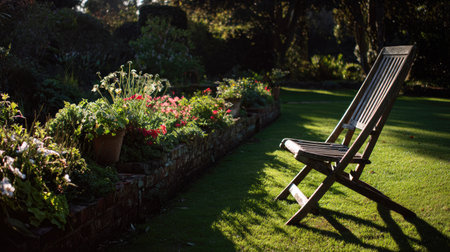 A beautiful wooden deck chair sits in a vibrant garden filled with colorful flowers and lush greenery, creating a serene atmosphere ideal for relaxation.の素材