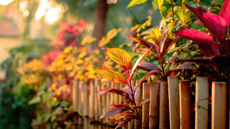 This captivating image features lush green plants and colorful foliage beside a bamboo fence, beautifully illuminated by soft natural light during sunset, creating a serene garden setting.の素材