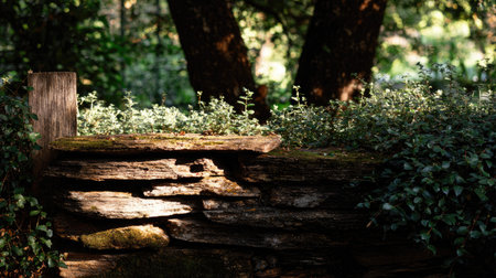 A rustic stone wall adorned with vibrant green plants captures the essence of nature bathed in gentle sunlight, creating a tranquil outdoor scene.の素材