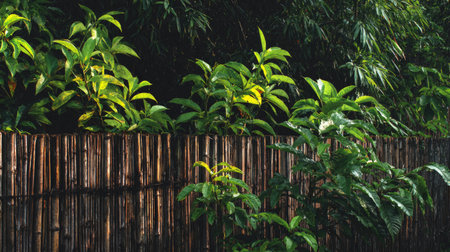 A serene outdoor scene featuring lush greenery peeking above a rustic wooden fence, illuminated by soft sunlight, creating a peaceful and tranquil atmosphere.の素材