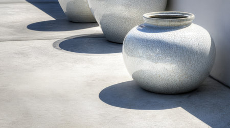 A contemporary scene featuring elegant ceramic pots with a unique crackled glaze. Their shadows create dynamic patterns on a polished concrete surface, enhancing modern aesthetics.の素材