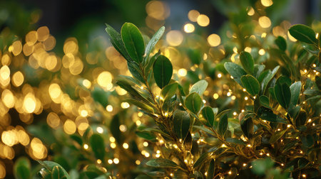 A captivating close-up image showcasing vibrant green leaves illuminated by soft glowing lights, perfect for adding a warm and inviting touch to any nature or decoration project.の素材