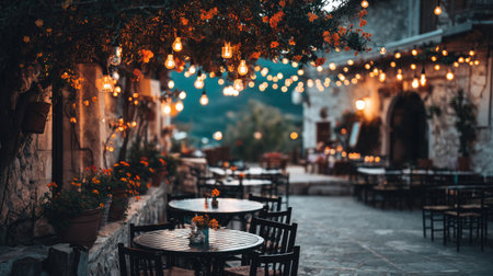 Experience the romantic ambiance of a rustic outdoor cafe during twilight, with warm fairy lights and beautiful floral arrangements creating a soothing atmosphere for dining.の素材