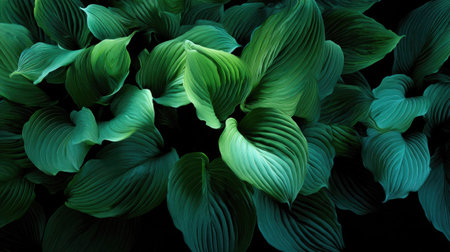 This detailed image captures vibrant green hosta leaves with intricate ribbed textures, creating a serene nature background ideal for eco-friendly designs.の素材