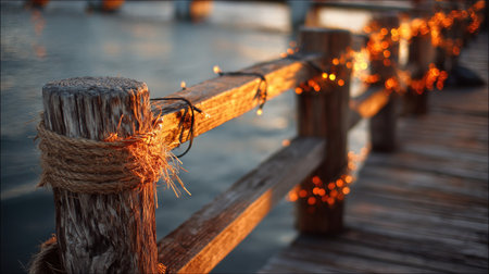 A rustic wooden pier wrapped in glowing lights captures the essence of a warm sunset by the water, inviting moments of tranquility and reflection in nature.の素材