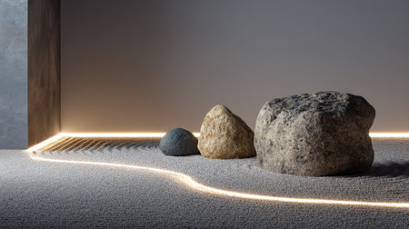 A serene arrangement of rocks and sand, highlighted by soft lighting. Ideal for minimalist designs, it creates a calming atmosphere perfect for relaxation and meditation.の素材