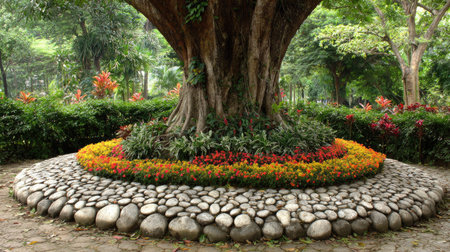 This serene park scene features a large, majestic tree surrounded by colorful flower beds and smooth stone pathways, creating a peaceful and vibrant atmosphere for all visitors.の素材