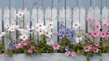 A vibrant display of colorful flowers in a rustic wooden planter, set against a charming white picket fence and a soft blue wall, creating a serene garden atmosphere.の素材