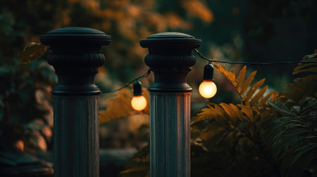 Captivating scene featuring elegant outdoor lighting with glowing bulbs on decorative posts, surrounded by lush greenery, creating a tranquil evening atmosphere.の素材