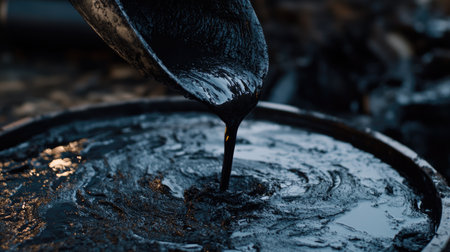A detailed close-up captures a glossy black liquid pouring from a metal spoon into a round container, highlighting the smooth surface and artistic textures amidst a blurred background.の素材