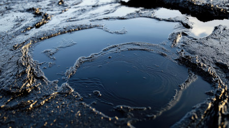 This stunning close-up shot captures a dark water surface reflecting light amidst a textured black mud environment, evoking a sense of tranquility and natural beauty.の素材