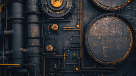 This image showcases an abstract industrial background featuring circular tanks and pipes in dark shades, accented with vibrant rusty colors. Ideal for design projects.の素材