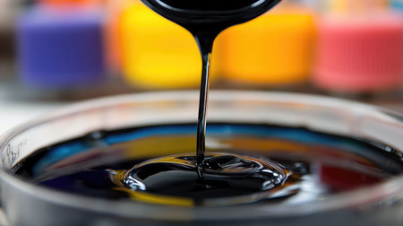 Close-up shot of thick black liquid pouring into a clear dish, with vibrant blurred containers in the background, showcasing the beauty of art in fluid form.の素材