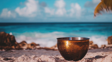 An antique singing bowl rests on sandy beach, surrounded by tranquil ocean waves and a picturesque sky. Ideal for themes of relaxation, meditation, and serenity.の素材