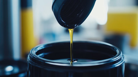 A close-up shot captures a viscous liquid pouring from a black container into a dark bucket, showcasing a dynamic interaction in an industrial setting.の素材