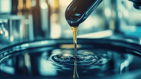This image captures the moment liquid flows from a glass pipette, creating ripples on a reflective surface in a well-equipped laboratory setting.の素材