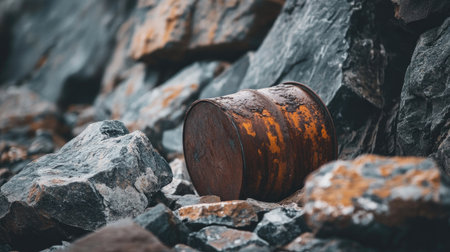 A rusty metal barrel lies abandoned among large, weathered rocks, illustrating the intersection of nature and industrial remnants in a rugged outdoor setting.の素材