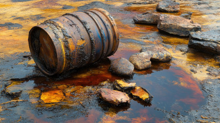 A rusty barrel lies on the ground, leaking toxic liquid in an industrial area. The scene highlights environmental pollution with scattered rocks and hazardous waste.の素材