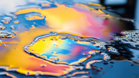 Close-up of an abstract oil slick showcasing a stunning array of vibrant colors reflecting light. This captivating fluid art explores textures and vibrant patterns in nature.の素材