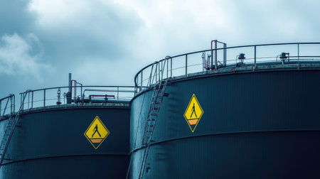 Industrial storage tanks featuring caution signs against a cloudy blue sky highlight safety in the energy sector. The image captures modern infrastructure and caution in operations.の素材