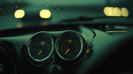 A captivating close-up view of a car dashboard, highlighting the speedometer and fuel gauge, set against a backdrop of soft bokeh city lights, creating a serene night ambiance.の素材
