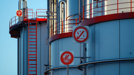 This image showcases safety signage and industrial structures at a fuel storage facility, highlighting various warning symbols and robust metal architecture against a clear sky.の素材