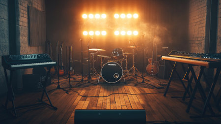 A modern music studio setup features various instruments under dramatic lighting, creating a vibrant atmosphere ideal for musicians and producers to record and create.の素材