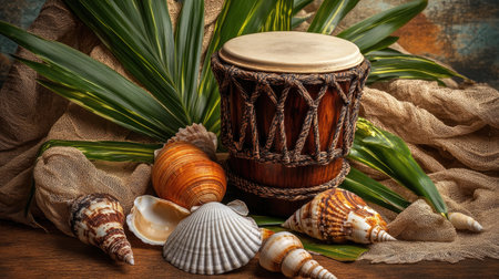 A beautifully styled handmade drum is surrounded by seashells and tropical leaves, creating a vibrant still life that captures the essence of nature and culture.の素材