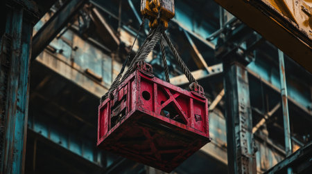 A bright red crane hook lifts a sturdy industrial container against a backdrop of a weathered steel structure. This image captures the essence of construction and transport.の素材
