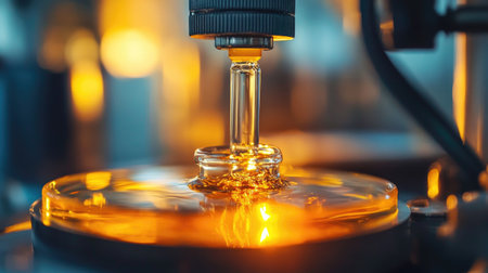 This image features a close-up view of a laboratory setup showcasing a droplet of viscous liquid under a microscope lens, highlighting intricate details of scientific research.の素材