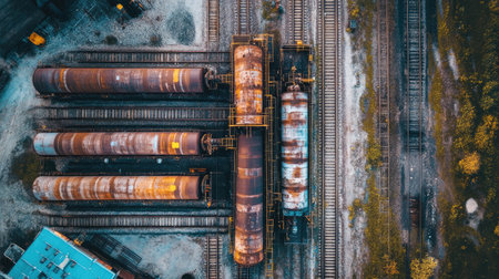 This aerial photograph captures an abandoned railroad yard featuring old rusty tank cars. Overgrown vegetation and winding tracks illustrate the blend of nature and industry.の素材