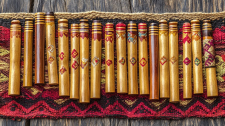 A collection of traditional bamboo pan flutes arranged beautifully on an intricately woven textile. This image captures vibrant colors and cultural artistry, ideal for music lovers.の素材