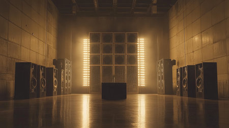 This captivating image showcases a music studio setup, featuring powerful speakers and dramatic lighting that create an inspiring atmosphere for audio production.の素材