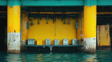 A unique underwater view of a fishing dock displaying vibrant colors and industrial elements, offering a captivating glimpse into maritime life and surroundings.の素材