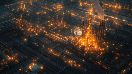 A mesmerizing aerial view of a futuristic city at night, featuring glowing structures, towering skyscrapers, and intricate urban design emphasizing energy and industry.の素材