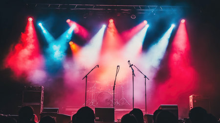 Vivid stage scene featuring vibrant lighting and smoke, capturing the anticipation before a live performance. Perfect for music and event-related projects.の素材
