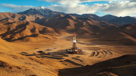 This captivating image showcases an oil rig elegantly positioned in a vast desert landscape, framed by majestic mountains beneath a picturesque sky, emphasizing natural beauty.の素材