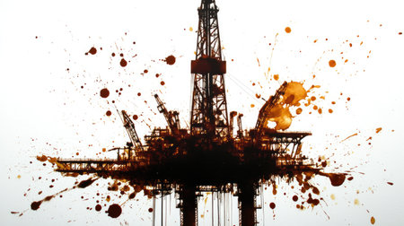 This striking abstract image features an oil drilling rig silhouette engulfed in vibrant splashes of orange and brown paint, symbolizing energy and industrial dynamics.の素材
