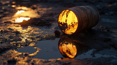 A weathered rusty barrel lies on a gritty surface, reflecting warm sunset hues in shallow water. This scene captures the beauty of decay in an urban environment.の素材