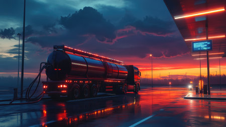 A striking scene of a fuel tanker truck at a gas station illuminated by colorful lights during a dramatic sunset. The wet ground mirrors the stunning sky, creating a vivid atmosphere.の素材