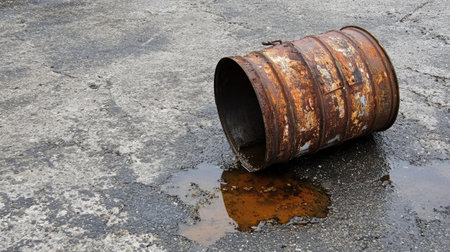 A rusted metal barrel lies on its side on a cracked concrete surface, leaking a small puddle of brown liquid, highlighting themes of environmental degradation and neglect.の素材