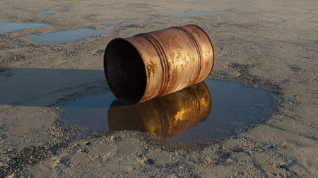 This image features a rusty metal barrel lying on the wet ground, showcasing a clear reflection in the puddle below. The scene captures an industrial, abandoned atmosphere.の素材