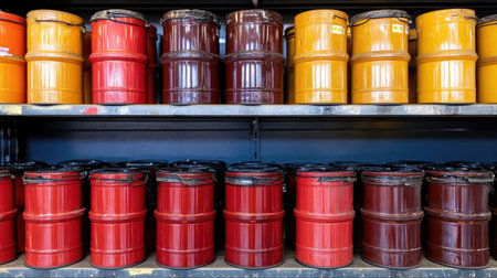 Brightly colored paint cans neatly arranged on shelves create a visually appealing display, showcasing an array of vibrant shades perfect for artistic projects.の素材