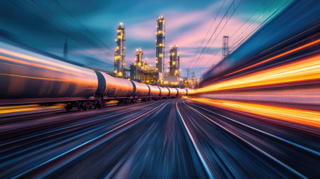 A mesmerizing image capturing the vibrant motion blur of a freight train speeding past an illuminated industrial complex during sunset, showcasing energy and technology.の素材