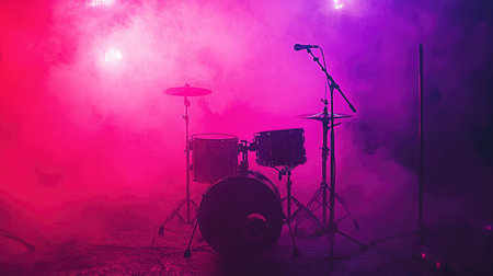 An engaging setup featuring a drum kit and microphone enveloped in colorful fog and illuminated by bright stage lights, perfect for music events or performances.の素材