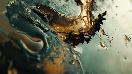 This abstract image showcases intricate fluid patterns and rich dark tones accented with gold, creating a stunning visual. Perfect for art and design projects.の素材